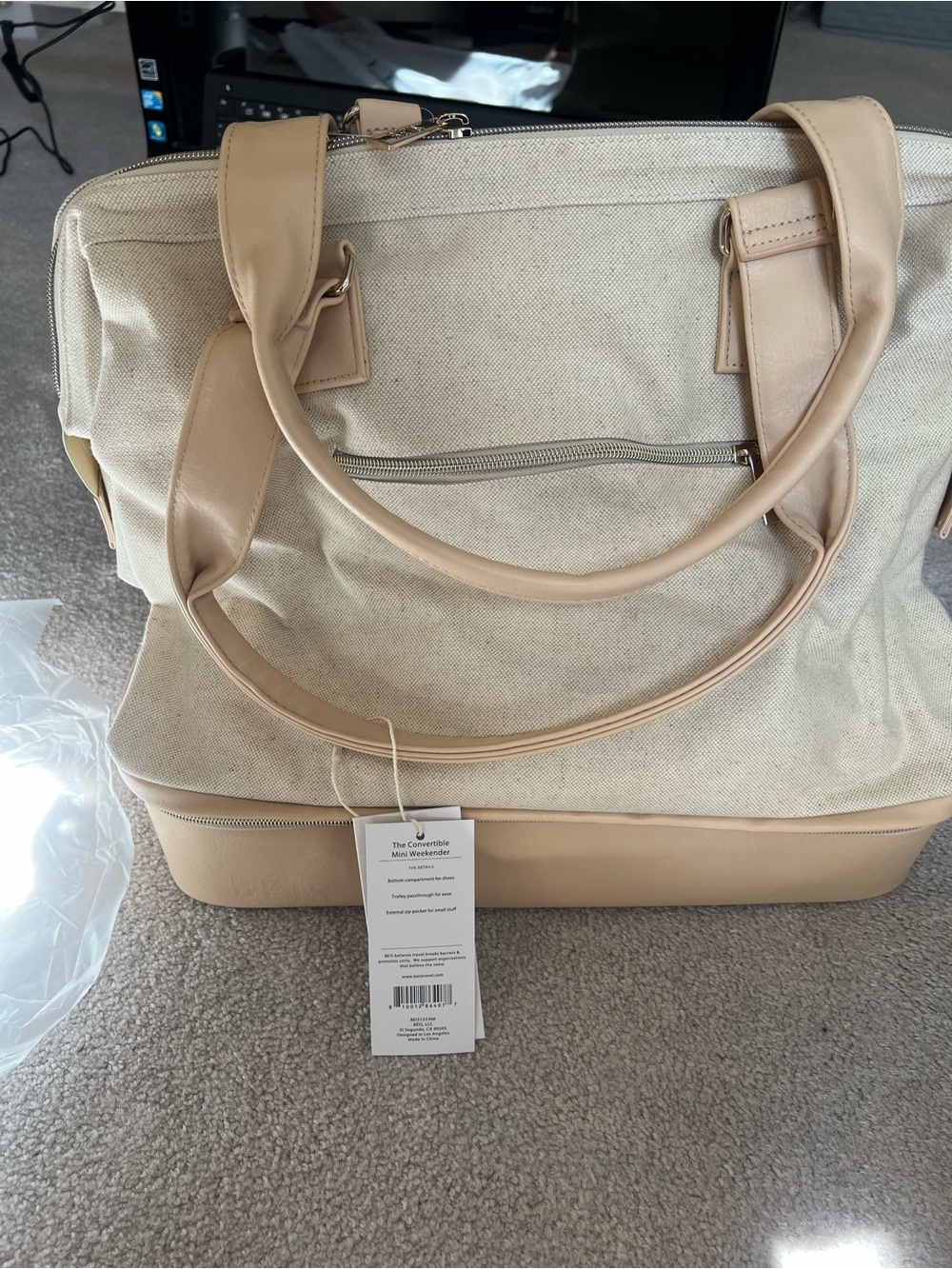 BEIS Canvas Travel Tote in Beige and Tan